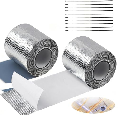 2 Pcs Hitzeschutzband Auspuff, 10M X 5CM Auspuff Dichtband Selbstklebend Hitzeschutzfolie mit 10 Kabelbinder Auspuff Reparaturset für Auto Motorrad FäCherkrümmer Krümmerband