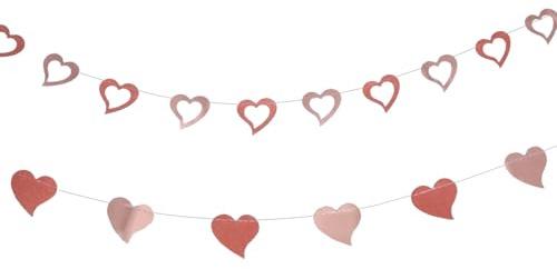 GARVALON Herz Wimpelkette Banner 2 Stück Roségold Papier Wimpelbanner Hängend Party Dekoration für Hochzeit Verlobung Valentinstag Zimmer Fenster Decke