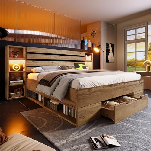 Letto matrimoniale in legno massello 180x200 cm,Con luce LED e porta USB,Letto matrimoniale contenitore,Con cassetti e testiera contenitore,Telaio in legno,Colore rovere (materasso non incluso)