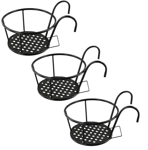 GANCEI Lot de 3 supports de pot de fleurs en fer forgé à suspendre avec crochets pour balcon, jardin, terrasse, clôture, balustrade, décoration, gain de place, support de présentation pour plantes