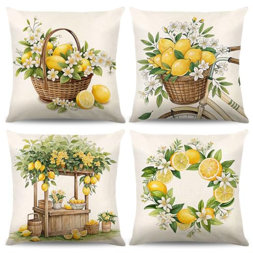 4 Stück Kissenbezug Zitrone 40x40cm,Gelb Zitrone Muster Kissenhülle,Sofakissen Dekokissen Bezüge für Frühling Sommer,Quadratisch Dekokissen Leinen,für Schlafzimmer Wohnzimmer Sofas Dekoration