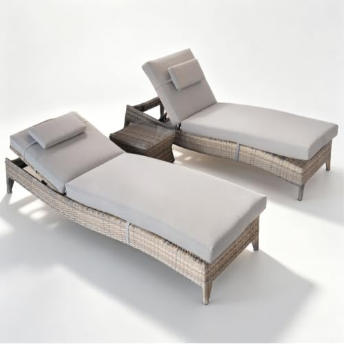 Ragnarök-Möbeldesign PolyRattan Sonnenliege Deutscher Hersteller - 8 Jahre GARANTIE Polster Tisch Glasplatte 2 Sonneliegen Set Belastbar 180Kg Gartenmöbel Rattan (Doppeltes Halbrund Hellbraun)