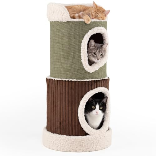 GOPLUS 85 cm Barril Rascador para Gatos de 3 Niveles | Árbol para Gatos con Plataforma Superior, 2 Cuevas, Centro de Actividad Acolchado para Mascotas, Dormitorio, Sala de Estar