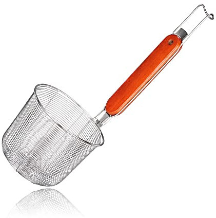 TENTA Kitchen Stainless Steel Wire Mesh Spider Food Dumpling Noodle Strainer Skimmer Basket, Wooden Handle
