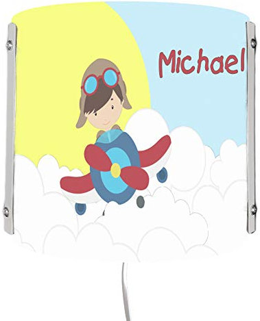 CreaDesign Kinderzimmer Wandlampe personalisiert mit Namen, E14, ideal als Nachtlicht/Schlummerlicht, Lampen Motiv Flugzeug-Wolken