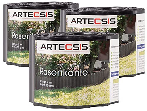 ARTECSIS 3X Rasenkante aus Kunststoff, 9 m x 10cm, Anthrazit, gewellt, Umrandung für Beete, Beeteinfassung, Rasenbegrenzung