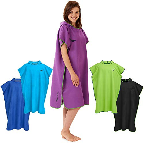 Fit-Flip Surf Poncho Mikrofaser - Umkleidehilfe Strand - Badeponcho für Erwachsene - Duschponcho schnelltrocknend - Strandponcho für Surfer - Surfponchos Ultraleicht (Größe L, Lila/Grün)