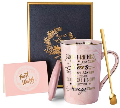 Doublewhale Friend Friendship Gifts Coffee Mug - Good Fiends are Like Stars, 14 Oz Pink Ceramic Marble Mug Tea Cup, Ideal Gifts for Women, Girls, Friends Birthday