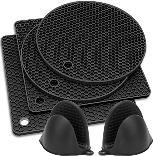 Silicone Trivet, 6pcs Extra Thick Table Mat with Premium Pot Holder, 18.5cm Heat Resistant Non-Slip Hot Pot Pads and Oven Mitt for Kitchen Cooking Dining Microwave, Square and Round, Gray (064-Black)