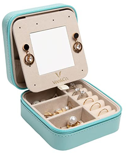Vee Schmuckkästchen Reise,Kleine Schmuckschatulle für Damen,Reiseschmuckaufbewahrung mit Spiegel,PU-Leder Schmucketui Schmuckbox Jewelry Box für Ringe,Armbänder,Ohrringe,Halskette,Geschenk (Blau)