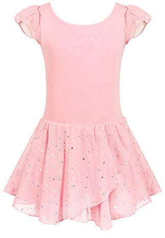 Arshiner Mädchen Glitter Ballettkleid Baumwolle Balletttrikot Kinder Kurzarm Ballettkleidung Ballettanzug Tanzkleid Tanzbody mit Tütü Rock Tütü, Rosa, 140