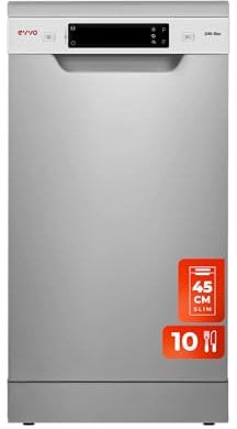 EVVO Lavavajillas 45 cm, Tercera Bandeja, Capacidad para 10 Cubiertos, Programa Rápido 30 minutos, Programa Media Carga, Bandeja Superior Ajustable, 8 Programas (Modelo D3X Slim Acabado Inox)