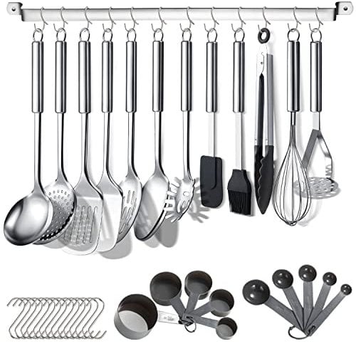 Berglander Ensemble d'ustensiles de cuisine 38 pièces de cuisine en acier inoxydable, ustensiles de cuisine avec support pour ustensiles et crochets pour accrocher au lave-vaisselle