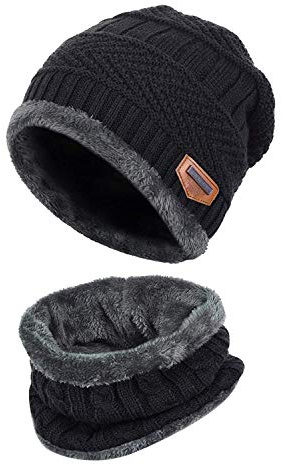 XYIYI Noir Echarpe et Bonnet Enfants, 2 Pièces Tricoté Beanie Hiver Chaud Epais Chapeaux pour 5-14 Ans Garçons Filles