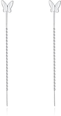 Cute Butterfly Pull Through Earrings 925 Sterling Silver for Women Cubic Zirconia Tassel Chain Threader Dangle Earrings 66mm