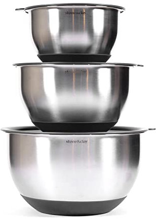 Stone & Clay Multifunctional Mixing Bowls - Stainless Steel Measuring Bowls with Grater Lids and Silicone Base - For Cooking, Baking, and Food Prep - Set of 3 Nesting Bowls - Grey
