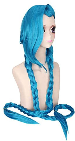 N.J Cosplay Perücke lang blau Zöpfe mit Perückenkappe für Jinx Arcane League of Legends