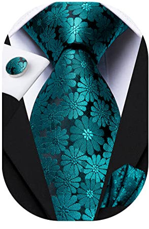 Hi-Tie Herren Krawatte Schwarz Paisley/Plaid/Streifen/Einfarbig Krawatten Set Einstecktuch Manschettenknöpfe Business Formal Hochzeit Meeting Geschenkbox,blaugrünes kleines Gänseblümchen