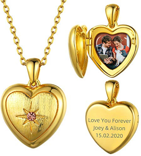 GOLDCHIC JEWELRY Collana Donna Argento 925 Con Medaglione Solare Con Pietra Portafortuna Personalizzata, Collana Oro Personalizzata con Foto Ciondolo Cuore Inciso Collana Argento Donna Personalizzata