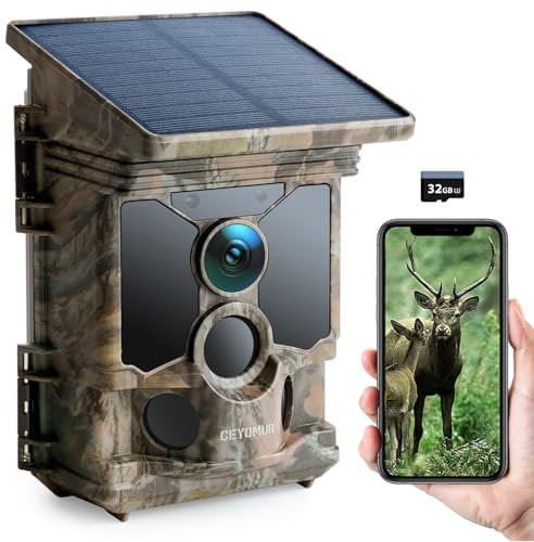 CEYOMUR Solar Wildlife Camera 4K 30fps, WiFi Bluetooth 68MP Trail Camera with 5200mAh Rechargeable Battery, 120° Detection Angle Night Vision Motion Activated IP66 Waterproof with 32GB Micro SD Card