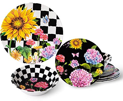 LEHAHA Sunflower 12-Piece Melamine Dinnerware Set Include Plates/Dishes and Bowls, Service for 4, BPA Free and Unbreakable Black Plaid Floral Dish Set for Indoor and Outdoor Use…