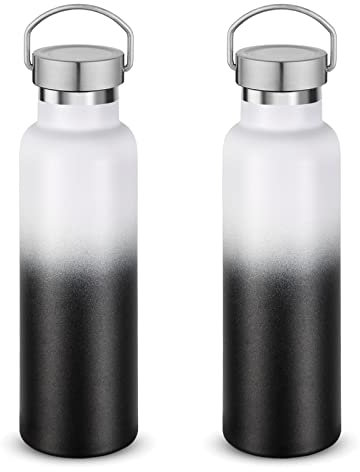 Volhoply 600ml Insulated Water Bottles Bulk Two Pack,Stainless Steel Double Wall Sport Bottle with Lid of Handle,Metal Reusable Flask for School,Cyclists,Hikers,Gift (White-Black,Set of 2)