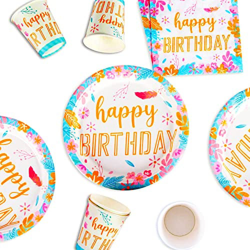 Lumeestar Party Set Mädchen Geburtstag Set 24 Tlg. (8 Becher, 8 Teller, 8 Tassen) Geburtstagsdeko Mädchen Party Set | Einweggeschirr Set Pappgeschirr Tischdeko