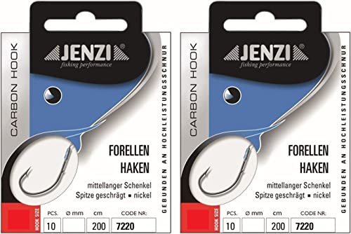 Set: 2 Packungen JENZI gebundene Forellenhaken (20 Stück) Mono,extra lang Sbirolino 200cm Spirolino Hakengröße, 4, 6, 8, 10, je nach Auswahl + gratis Petri Heill! Aufkleber (Hakengröße 10)