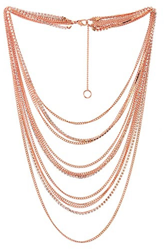 COOLSTEELANDBEYOND Or Rose Cascade Multi Couches Chaîne Statement Collier Pendentif avec Strass Chaîne Robe de Soirée