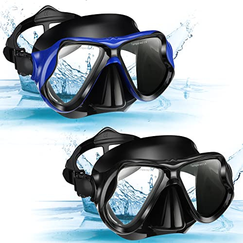 Preboun 2 Pack Swim Mask for Adult Swimming Snorkel Goggles with Nose Cover Anti Fog Clear View Tempered Glass for Diving Swimming (Black, Blue)