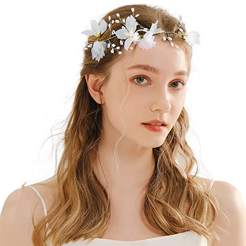 Yumikoo Serre-tête elfe avec fleur blanche pour mariée - Accessoires de cheveux de mariage - Bijoux pour femme