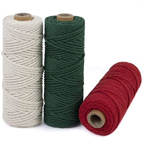 LEREATI Makramee Garn 3mm Set, 150m Makramee-Schnur, Farbig Baumwollseil, Baumwollgarn 3mm zum Makramee Deko, Hängepflanze, Wandbehang, Hochzeitsbogen (Natürlich, Rot, Dunkelgrün)