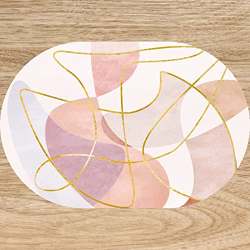 Rug-QJDDUP Tapis Salon Chambre à Coucher, Tapis à Poils Courts,Rouge rosé, Rose Magnolia, Mauve Blanchi, Rose Nuage, Design Moderne de Lignes Jaunes orangées,Oval 90 x 150 cm