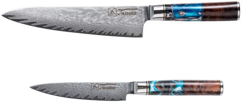 Tsume Starter Set Sturm, Messerset mit 2 Premium Küchenmessern, Echte Damast Küchenmesser, 67 Schichten VG10 Edelstahlkern mit Sturmigem Kunstharz Handgriffen, Rasiermesserscharfe Premium