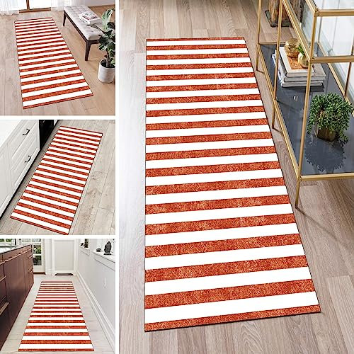 QQrunner Kücheläufer Waschbar Läufer Teppich Lang Flur rutschfest Rot 80x250cm Meterware Weiß Gestreift Teppichmatten Waschbar Korridor Wohnzimmer Schlafzimmer 40-120cm Breit, Anpassbare Größe