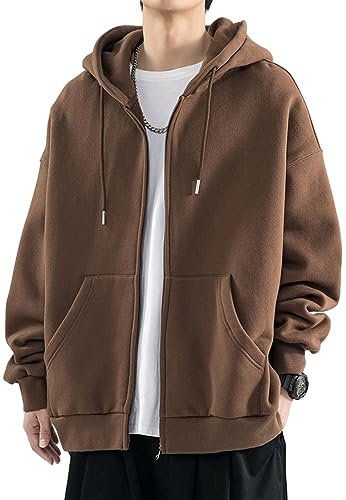 OLIPHEE Felpa con Cappuccio da Uomo Solid Color Felpa con Cappuccio Fashion Full Zipper Top con Tasche (XXL,caffè)