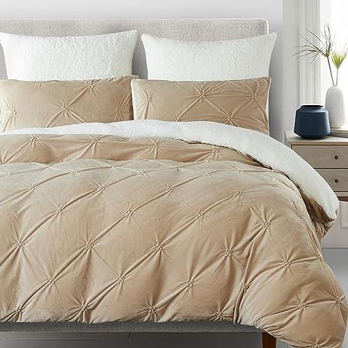 Winter Bettwäsche 135x200cm 4Teilig Flanell Fleece Khaki Weiß Wendebettwäsche Set Flauschig Plüsch Sherpa Cashmere Touch Pintuck Bettbezug und Kissenbezug mit Reißverschluss,Oeko-Tex Zertifiziert