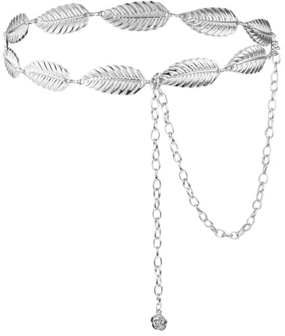 TIESOME Damen Gürtel mit Metallblatt Kette, verstellbarer Braut Hochzeits Bund schmaler Taillengürtel für verzierte Kleider(Silber)