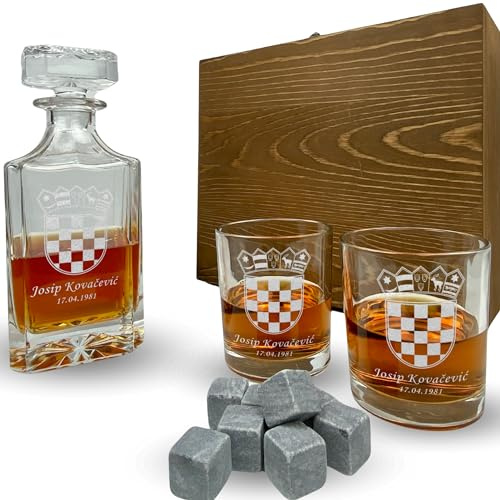 Whisky Set mit Gravur Kroatien personalisiert Karaffe 700 ml und Gläser graviert Hrvatska Croatia Wappen Flagge Geschenkbox (Karaffe + 6 Gläser)