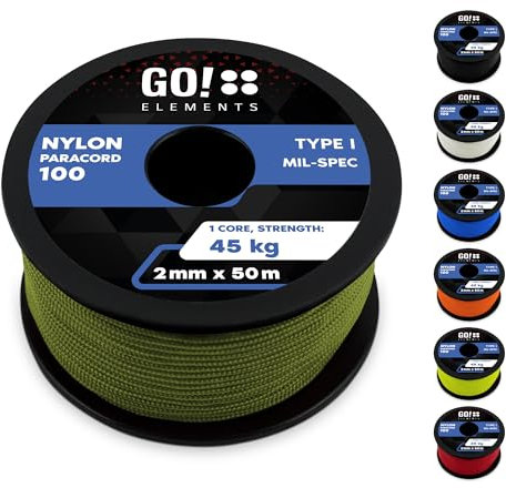 GO!elements 50m Paracord 2mm in corda di nylon antistrappo - Corda di sopravvivenza Paracord 100 Tipo I - antistrappo e caricabile fino a 45kg, Colore: Oliva