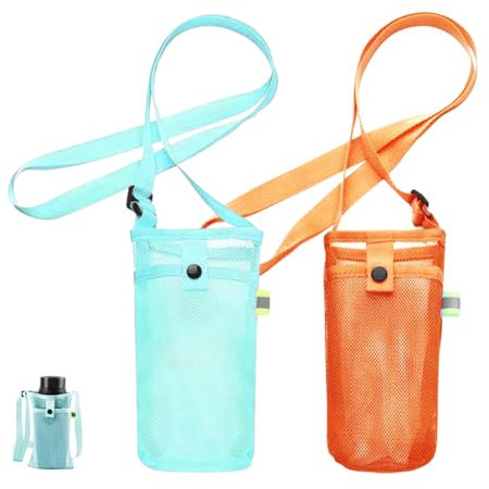 HIOQFR 2pcs Sac Porte-Bouteille d'eau en Maille avec Bandoulière Porte Bouteille Eau Sport Porte Gourde Sac à Dos Randonnée Housse Gourde Tour de Cou Porte Gobelet Portable Sac de Support de Bouteille
