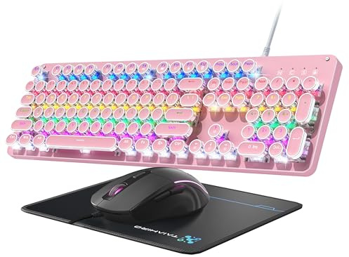 Teclado y mouse mecánicos para juegos de máquina de escribir, teclado retro de panel de metal con interruptor azul redondo, retroiluminación RGB, 104 teclas, teclado con cable antifantasma, combo de