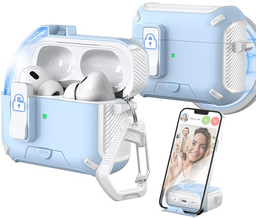 MHYALUDO Kompatibel mit AirPods Pro 2/1 Generation Case Cover, Kompatibel mit Magsafe, Magnetische automatische Verriegelung, Ladeanschluss staubdicht & Standdesign mit Reinigungsset, Weiß/Himmelblau