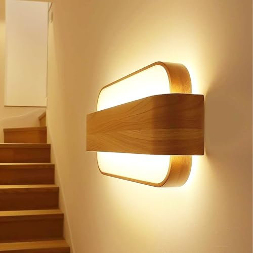 Pheashine Moderne LED Wandleuchte Holzoptik, 13W LED Wandleuchte Innen, Warmweiß 3000K, Acryl Metall Wandlampe für Schlafzimmer, Flur, Wohnzimmer