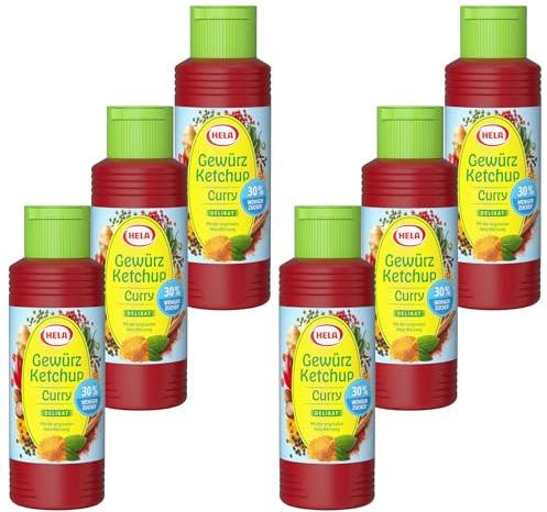 Hela Gewürz Ketchup Curry delikat 6 x 300 ml 30% weniger Zucker und ohne Süßungsmittel (6er-Pack) Ketchupflasche Gewürzketchup Flasche zum Dippen, Verfeinern und Genießen