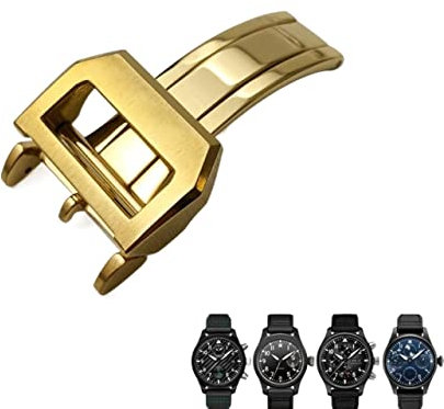 SAAWEE 316L-Edelstahl-Schnalle für IWC Pilot Mark Portugieser Roségold-Gummi-Lederarmband mit Faltschließe(Gold,20mm)