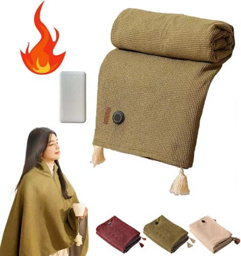Heated Shawl Wraps For Women, Portable Heated Blanket Shawl Wearable Electric Blanket, Portable Soft Zipper Electric Heated Blanket Shawl 3 Heating Levels Usb Heated Blanket Shawl (Khaki+power bank)