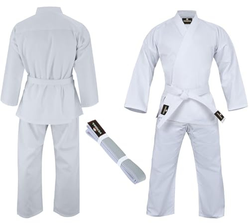 VERSAL Karateuniform för barn/vuxna, vit karatedräkt för studenter, 226,8 g polycotton karate-uniform med bälte, Vitt och blått, 2 UK/150 cm