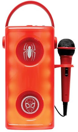 Lexibook, Marvel Spider-Man BTP185SPZ Haut-parleur Bluetooth sans fil lumineux avec microphone, effets de lumière multicolores, emplacement pour carte SD/TF, batterie rechargeable, rouge
