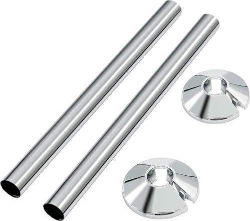 SVNR 2 PCS Radiator Pipe Covers and 2 PCS Collars Kit 2 Sets - 15mm x 200mm PVC Snap On Sleeves for Central Heating Pipes | DIY Home Improvement Accessories - Silver